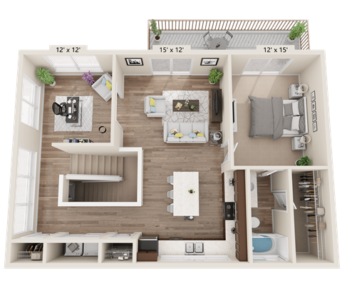 A 3D floor plan of a house showing a living room, kitchen, and bedrooms.